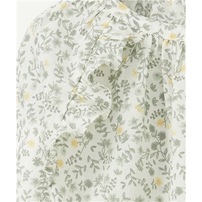 BLOUSE BÉBÉ FILLE EN COTON FLEURIE VERTE ET JAUNE AVEC VOLANTS