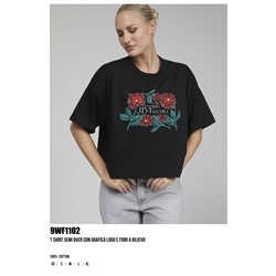 9WF1102  T SHIRT SEMI OVER CON GRAFICA LOGO E FIORI A RILIEVO