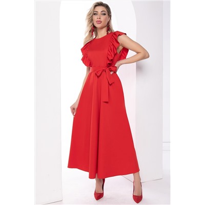 Красное длинное платье с поясом и воланами