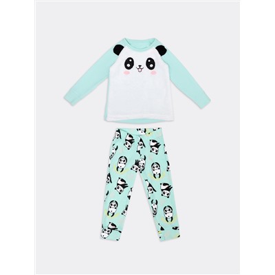 Пижама для девочек (лонгслив и брюки) в цвете "ментол" с изображением панды