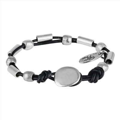 Pulsera cuero plata Gloria Mago cuero negro cierre botón plata chapado plateado