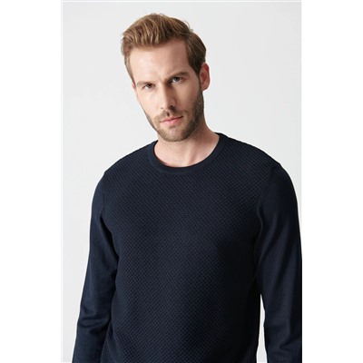 Мужской темно-синий жаккардовый свитер с круглым вырезом A12y5105