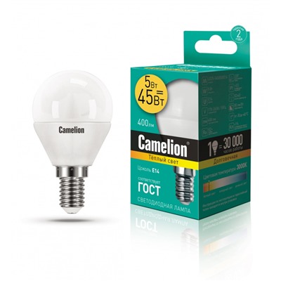 Нарушена упаковка!   Светодиодная лампа E14 5W 3000К (теплый) G45 Camelion LED5-G45/830/E14 (12027)