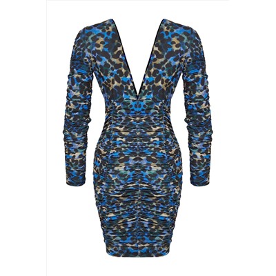 Ограниченная серия синего мини-вязаного платья с драпировкой и V-образным вырезом TWOAW24EL00766
