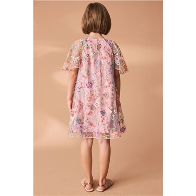 Pink Floral Embroidered Mesh Occasion Dress (3-16yrs)