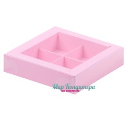 Коробка для конфет на 4 шт Розовая матовая с пластиковой крышкой 120х120х30 мм
