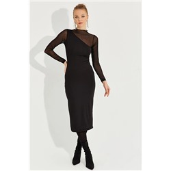 Женское черное асимметричное платье миди из тюля EY2601