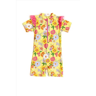 Nicole Miller Yellow Floral Short Sleeves Rash Guard