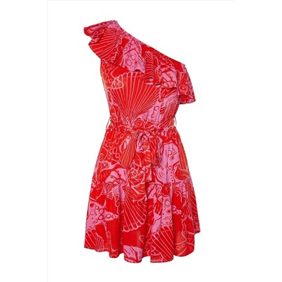 Пляжное платье на одно плечо с мини-тканым воланом с подводным рисунком TBESS23EL00239