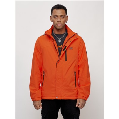 Куртка спортивная мужская весенняя с капюшоном оранжевого цвета 88023O
