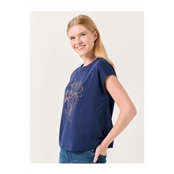 Темно-синяя футболка без рукавов с цветочным узором с круглым вырезом 23ST030060