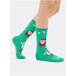 Высокие детские носки в оттенке "светлая зеленка" с новогодним дизайном