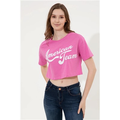 Женская розовая укороченная футболка с круглым вырезом Неожиданная скидка в корзине