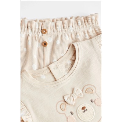 Cream Bear Baby Top and Shorts 2 Piece Set