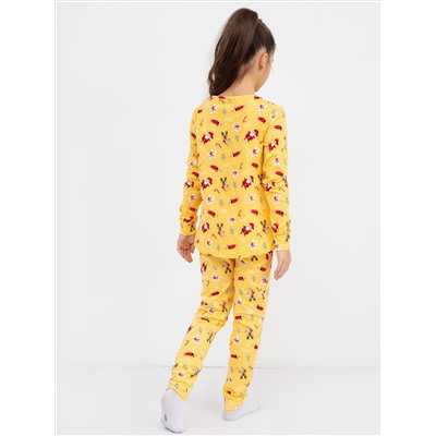 Хлопковая пижама для девочек (лонглсив и брюки) в цвете "золотистый" с новогодним принтом