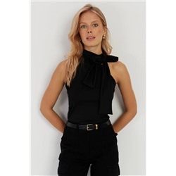 Женская черная укороченная блузка с бантом EY2726