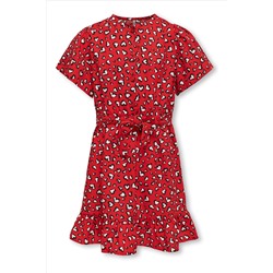 ONLY KIDS Red Heart Print Ruffle Tie Waist Dress