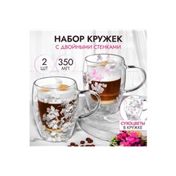 Набор 2 кружек 350 мл 13,3*9*11,5 см "Crystal glass" с двойн.стенками, с декором их сухоцв, роз/сер