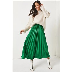 Плиссированная юбка-трапеция травяно-зеленого цвета с кожаным эффектом ETK-19000233