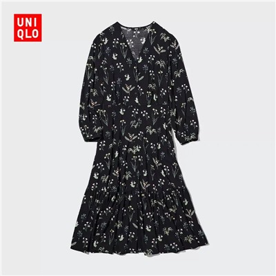 Многослойное платье трапециевидной формы Uniql*o с V-образным вырезом и рукавом три четверти