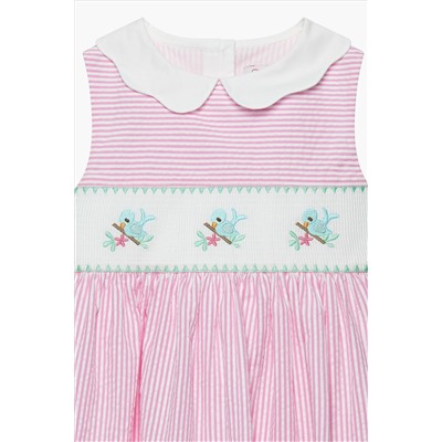 Trotters London Pink Stripe Tweetie Bird Smocked Cotton Dress