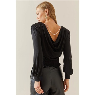 XHAN Черная дутая блузка с открытой спиной Degaje 4KXK2-47805-02