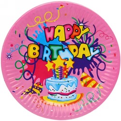 Тарелка бумажная 18 см в наборе 10 шт "День рождения" Тортик, розовая