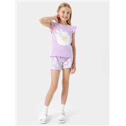 Комплект для девочек (футболка, шорты) в фиолетовом цвете с рисунком ромашек