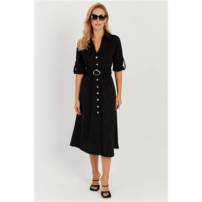 Женское черное платье-рубашка миди из нубука KED4023