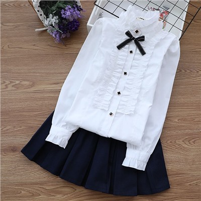 Рубашка подростковая для девочек, арт КД172, цвет: белый, воротник-стойка, тёмно-синий бант