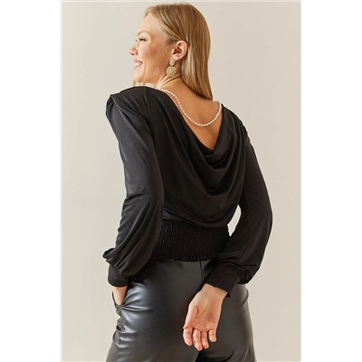 XHAN Черная дутая блузка с открытой спиной Degaje 4KXK2-47805-02