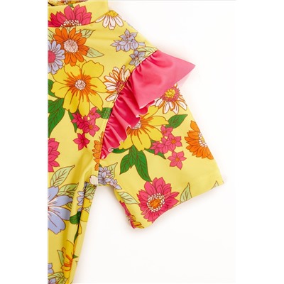 Nicole Miller Yellow Floral Short Sleeves Rash Guard