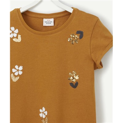 T-SHIRT FILLE EN COTON RECYCLÉ OCRE AVEC SEQUINS RÉVERSIBLES