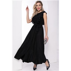 Чёрное трикотажное длинное платье с люреком и воланами