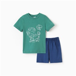 Комплект для мальчика "Динозавры" (футболка/шорты), цвет темно-зелёный/синий, рост 104-110 см