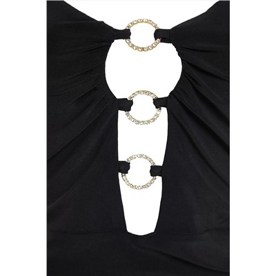 Черное приталенное вязаное элегантное вечернее платье с блестящим каменным окном и вырезом TPRSS23EL00178