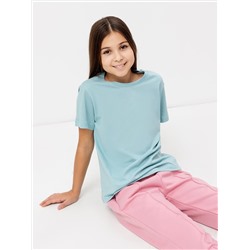 Однотонная хлопковая футболка голубого цвета для девочек