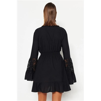 Черное мини-тканое кружевное пляжное платье из 100% хлопка TBESS23EL00048