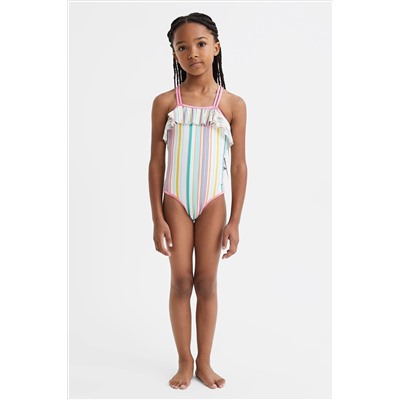 Reiss Cora Striped Frilly Cross-Back Swimsuit