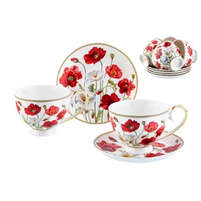 Чайн. наб. 12 пр. 300 мл "Маки" на ножке, NEW BONE CHINA