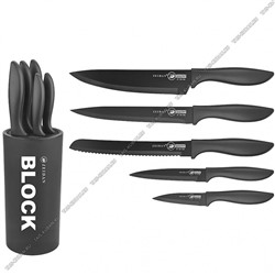 Набор ножей 5предметов на подставке "Block" (поварской 20см,д/хлеба 20см,универсальный 13см,разделочный 20см,д/овощей 9см) черное лезвие нержавеющая сталь,пластиковая ручка,черный,подарочная упаковка (6)