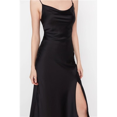 Черное атласное вечернее платье на подкладке TPRSS19BB0058