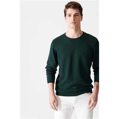 Мужской зеленый жаккардовый свитер с круглым вырезом A12y5214