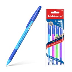 Набор ручек шариковых 4 штуки ErichKrause R-301 Neon Stick & Grip, узел 0.7 мм, чернила синие, резиновый упор, длина линии письма 1000 метров, европодвес