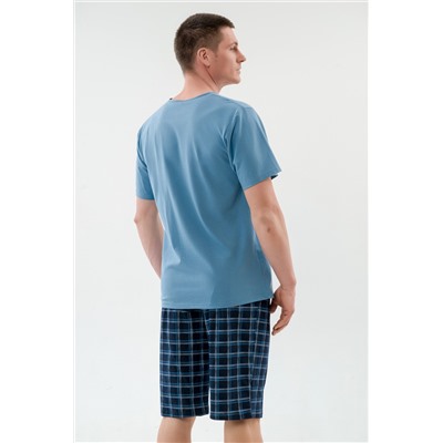 Пижама мужская из футболки с коротким рукавом и бридж из кулирки Генри серо-голубой макси