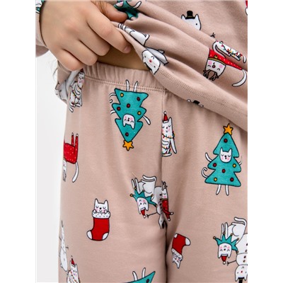 Хлопковая пижама для девочек (лонглсив и брюки) разноцветная с новогодними героями