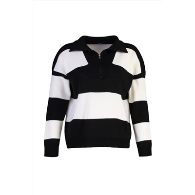 Черный вязаный свитер с низкими плечами и застежкой-молнией в полоску