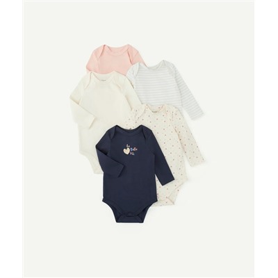 LOT DE 5 BODIES BÉBÉ EN COTON BIO THÈME COEUR BLEU ET ROSE