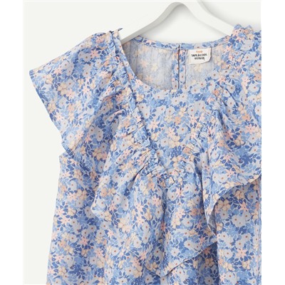 BLOUSE FILLE BLEUE IMPRIMÉE FLEURIE AVEC FILS DORÉS ET VOLANTS