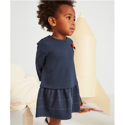 ROBE AVEC PULL INTÉGRÉ BLEU MARINE BÉBÉ FILLE AVEC POMPONS COLORÉS